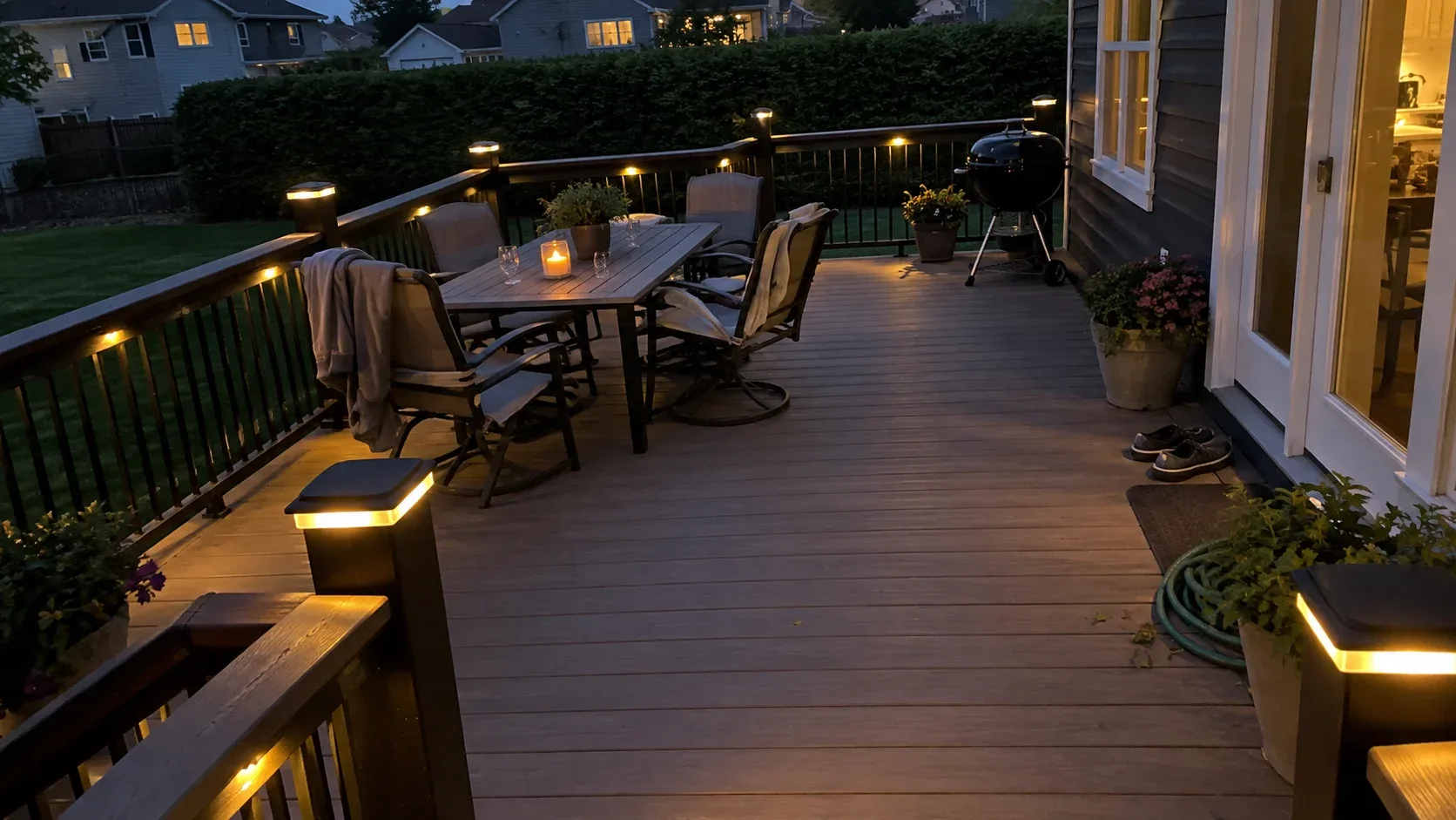 A deck after dark with warm lights set into the posts and along the stair risers