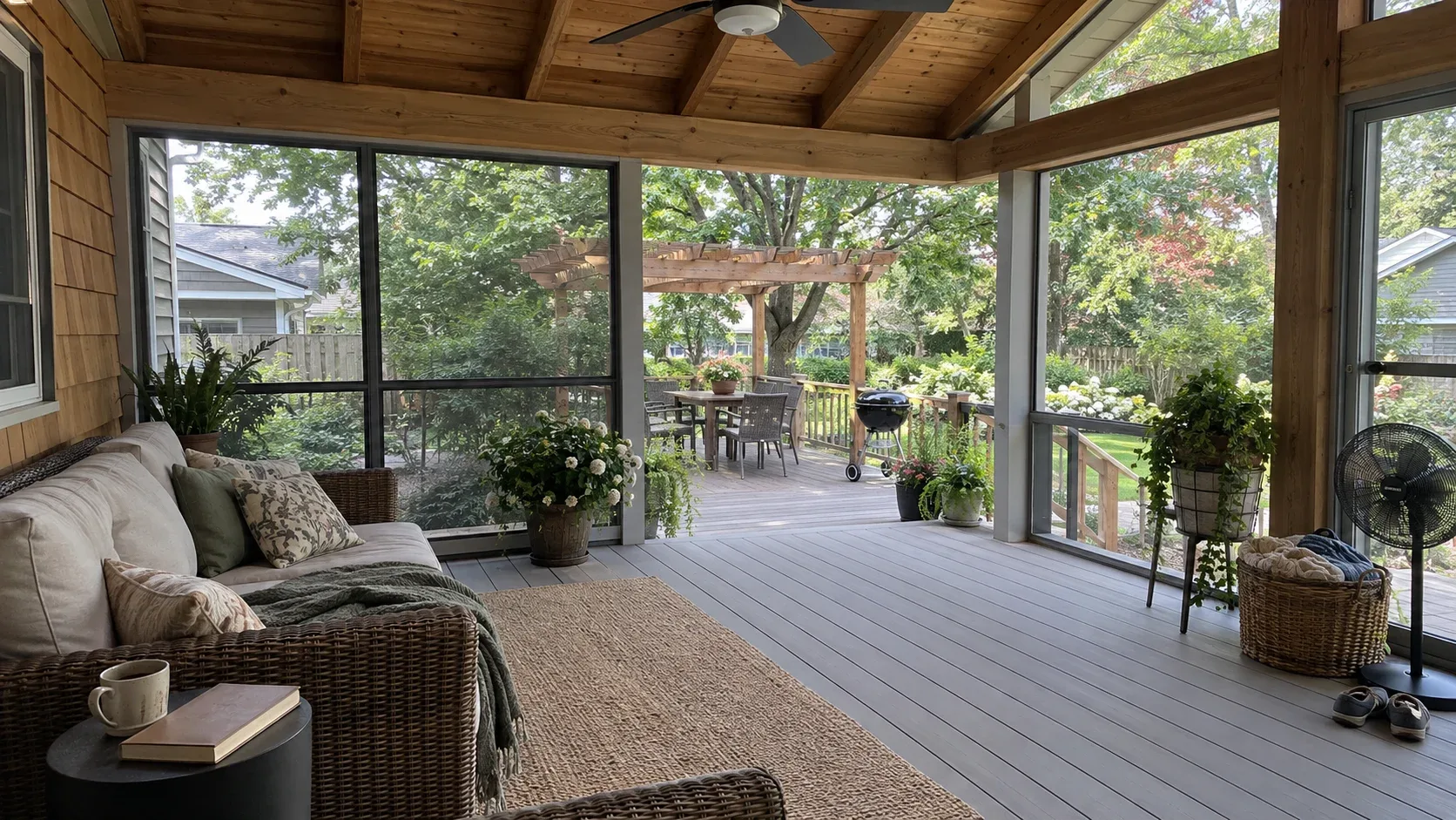 A porch beneath a stained roof with one wall screened