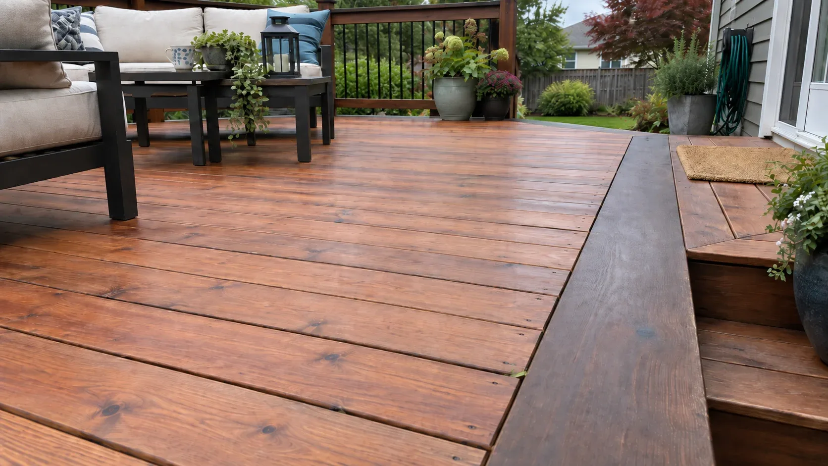 Warm red cedar boards meeting a darker tropical hardwood border in low light